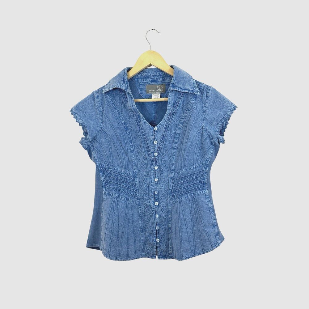 Inca Cotton Small Fitted Top Blue Embroidered Button Up Peru Womens